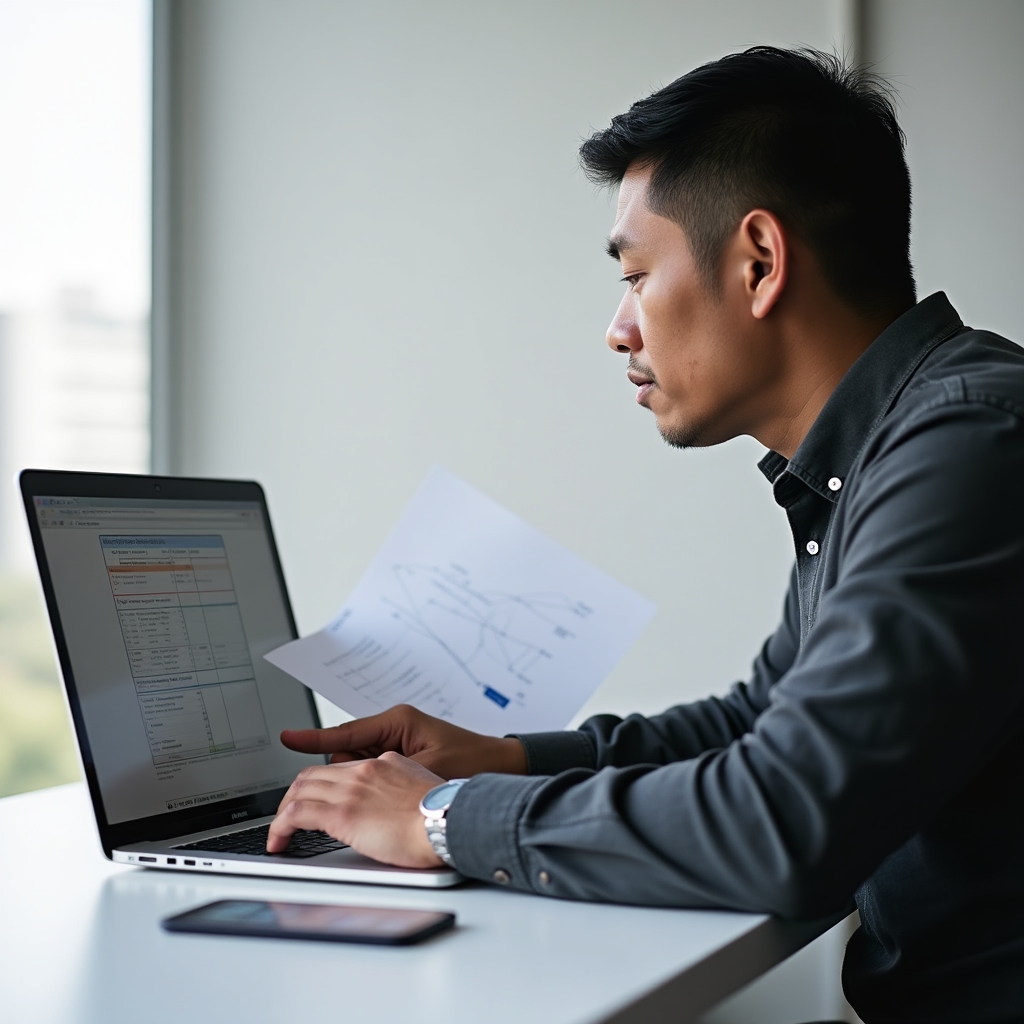 CRM migration specialist reviewing database records and field mappings on a laptop