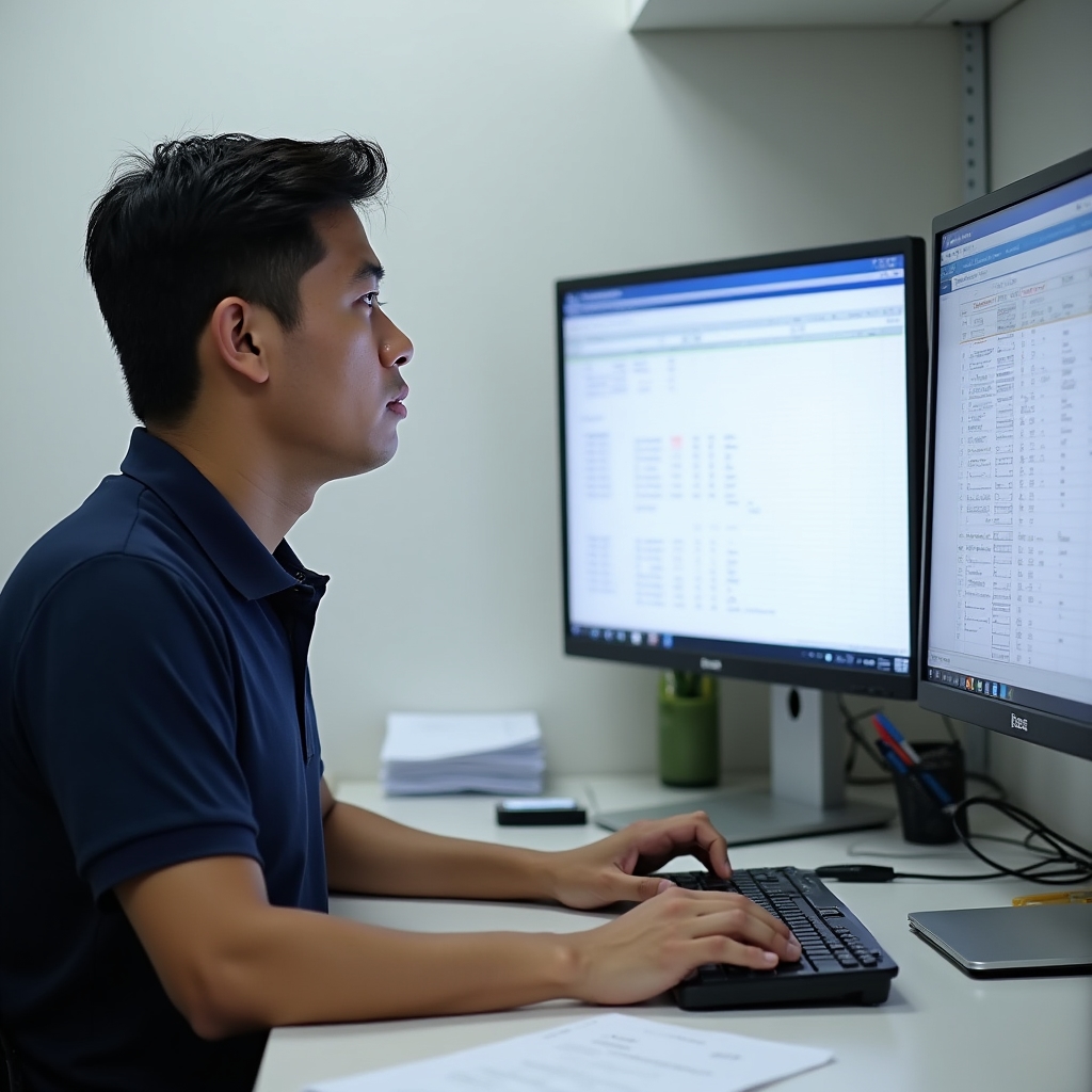 Data entry specialist working with structured forms and spreadsheets on dual monitors