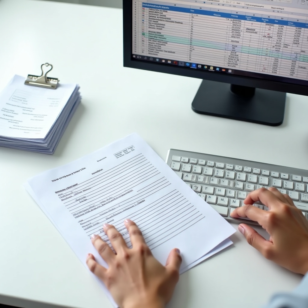 Paper forms and scanned documents being converted to digital spreadsheet data on screen