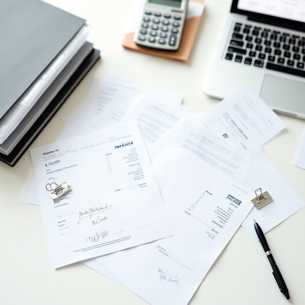 Invoice processing specialist entering data from paper invoices into accounting software