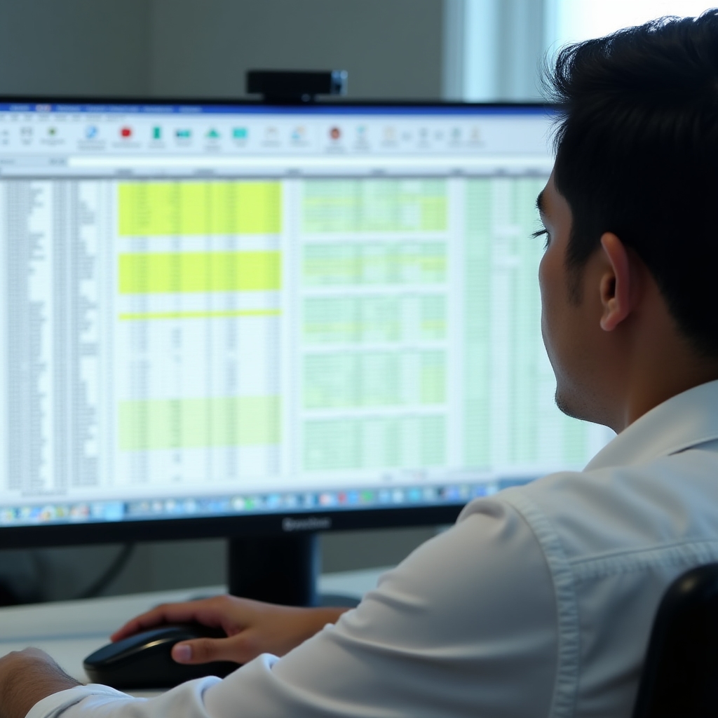 Data specialist reviewing and cleaning spreadsheet data on a large monitor with organized columns