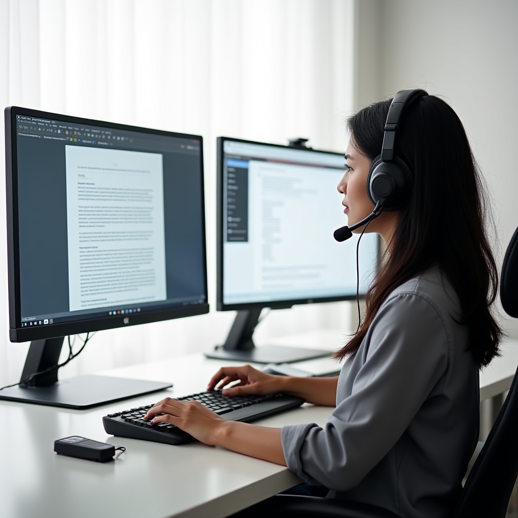 Transcription specialist using headphones and transcription software to process audio recordings